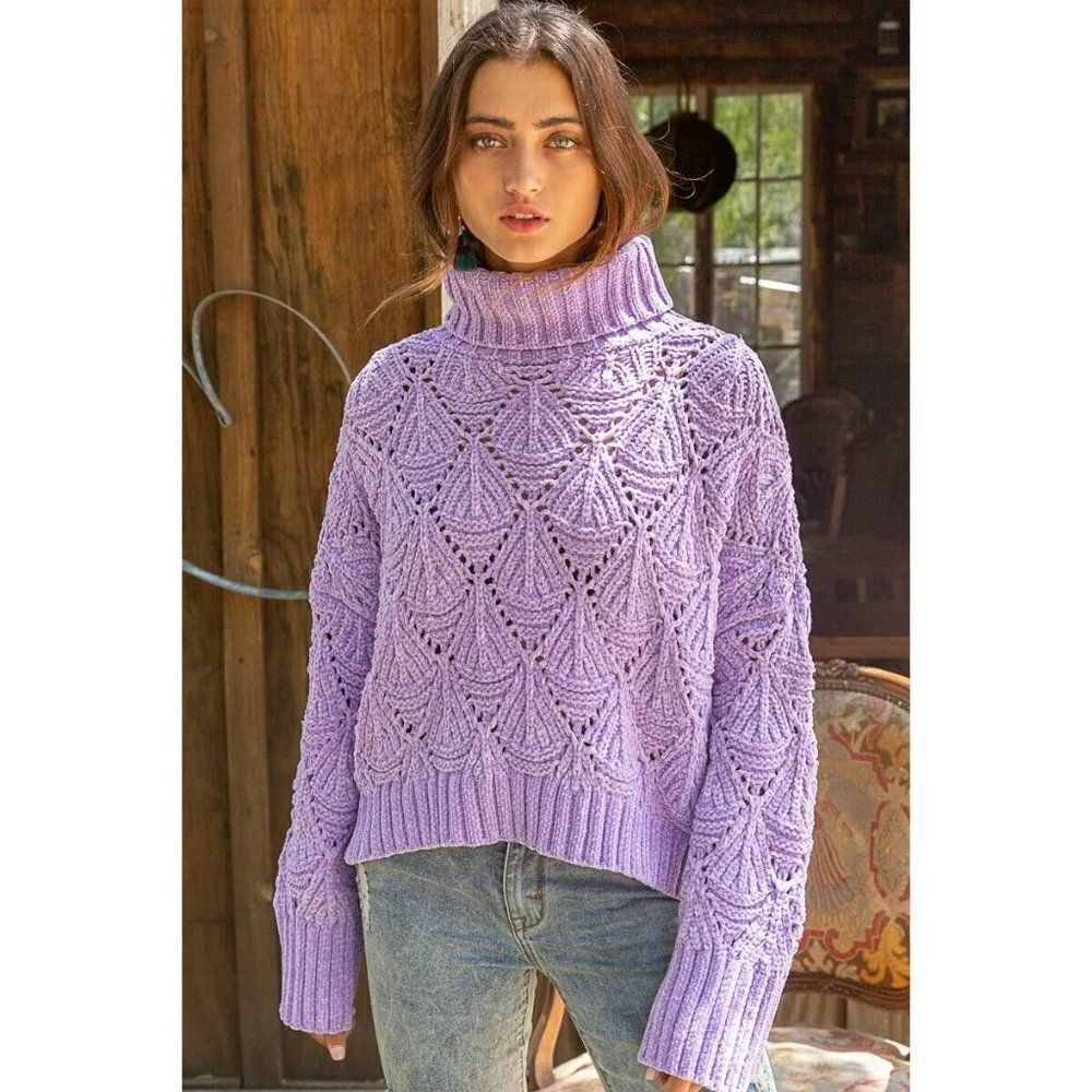 SALE! POL CLOTHING Cropped Eyelet Cutout Sweater LAVENDER Turtleneck SMT420A